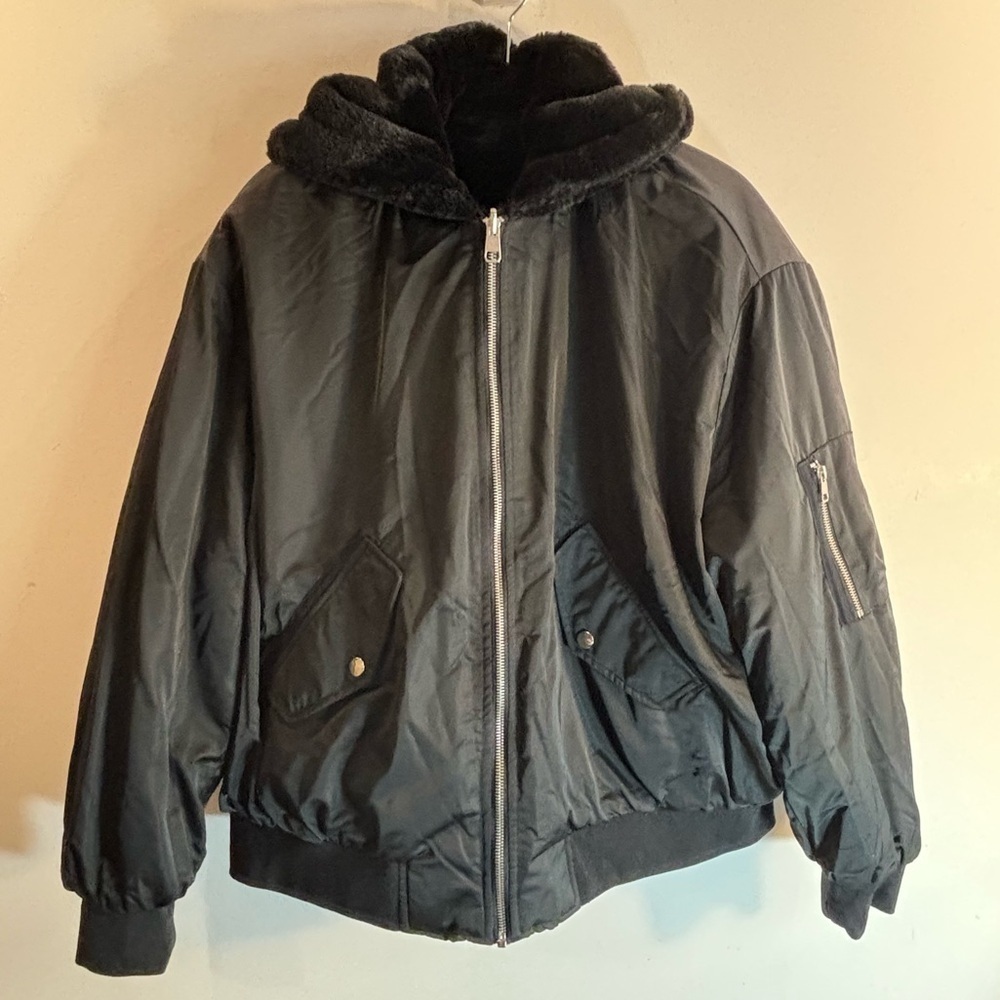 ZARA Sz M Reversible Hooded Jacket Shiny Side and Fuzzy Side Multiple Pockets